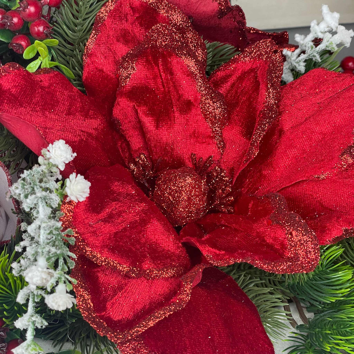 Christmas Centerpiece Red Magnolia Winter Floral Arrangement White
