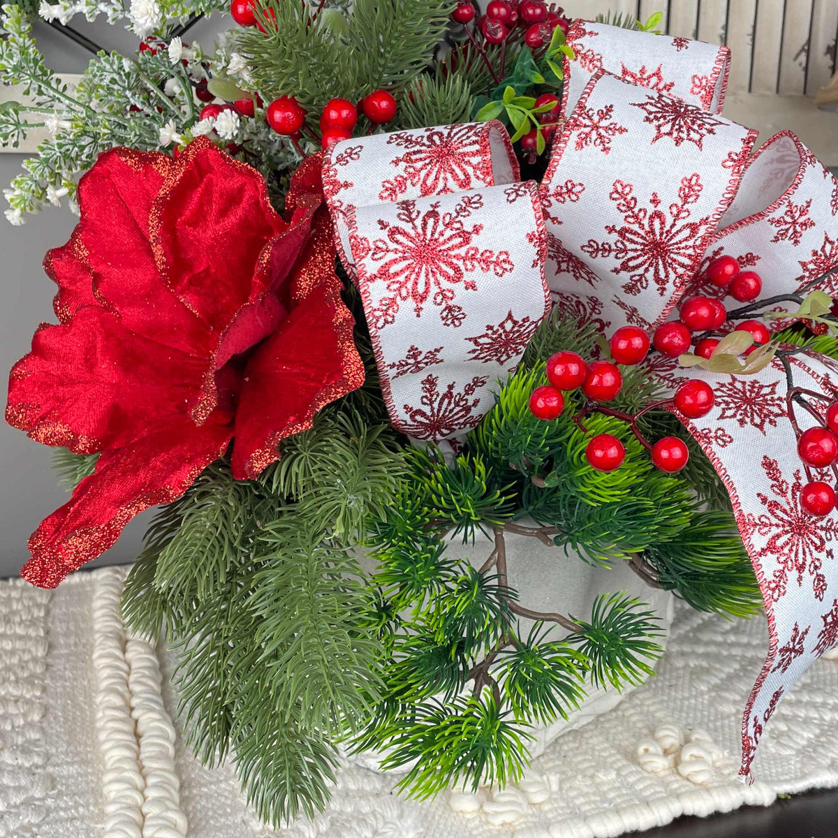 Christmas Centerpiece Red Magnolia Winter Floral Arrangement White