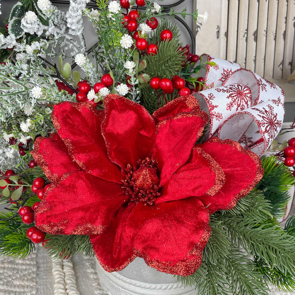 Christmas Centerpiece Red Magnolia Winter Floral Arrangement White