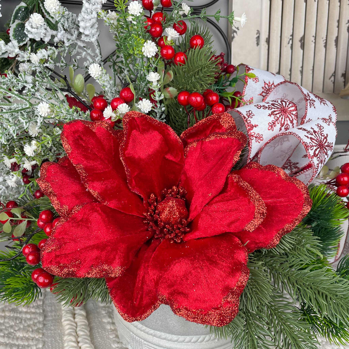 Christmas Centerpiece Red Magnolia Winter Floral Arrangement White