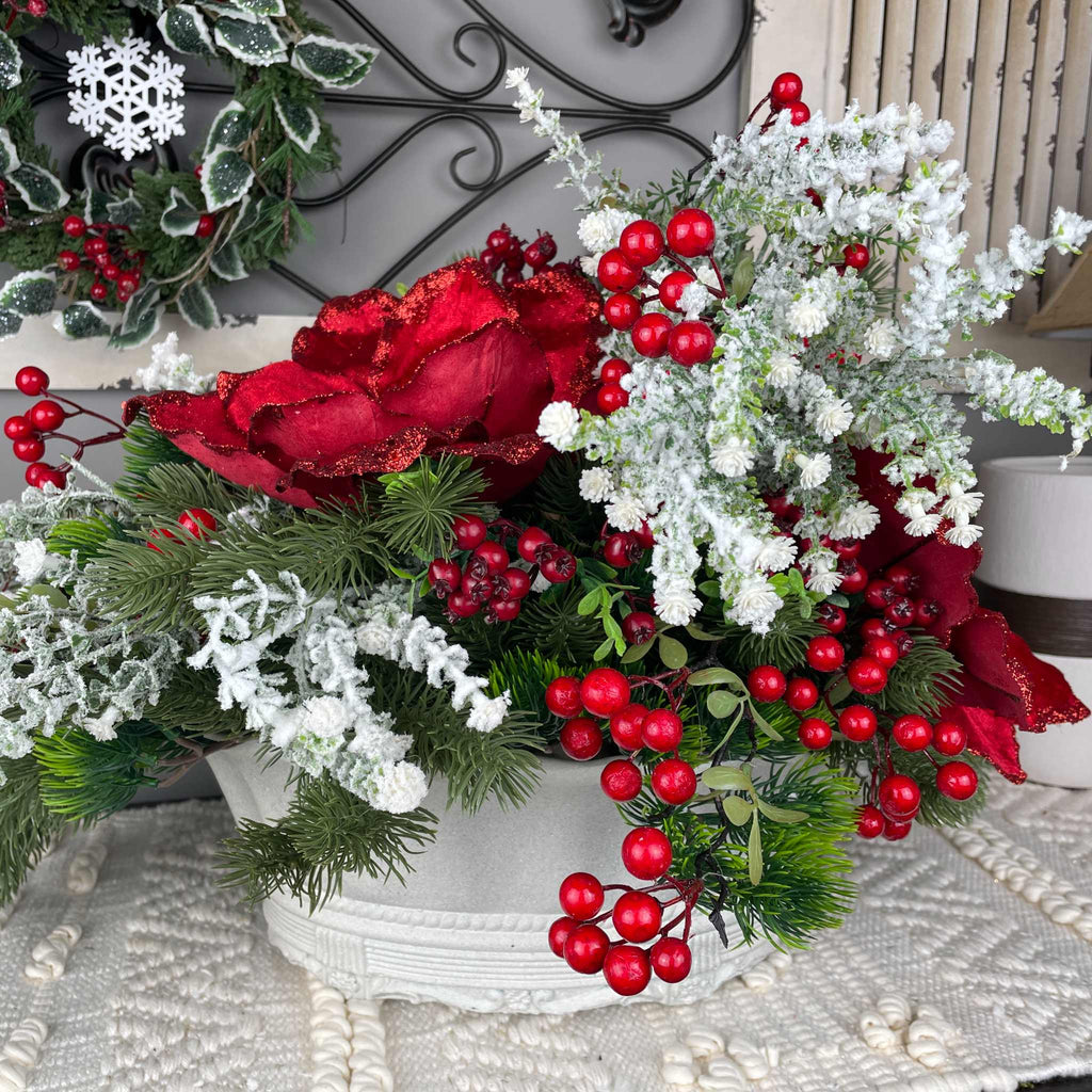 Christmas Centerpiece Red Magnolia Winter Floral Arrangement White