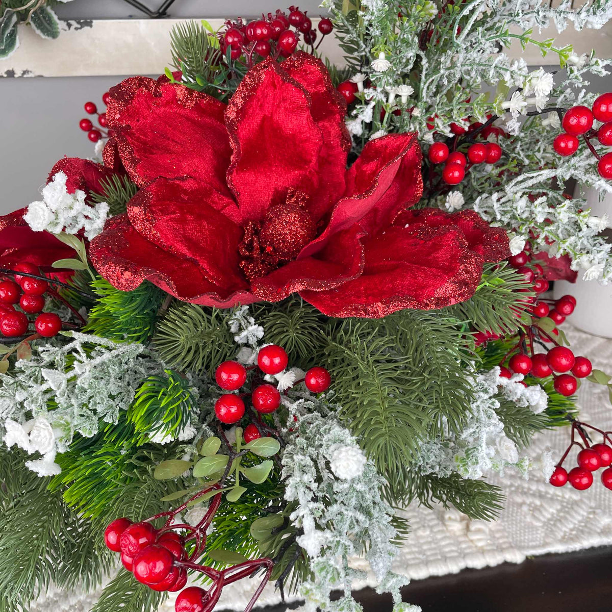 Christmas Centerpiece Red Magnolia Winter Floral Arrangement White