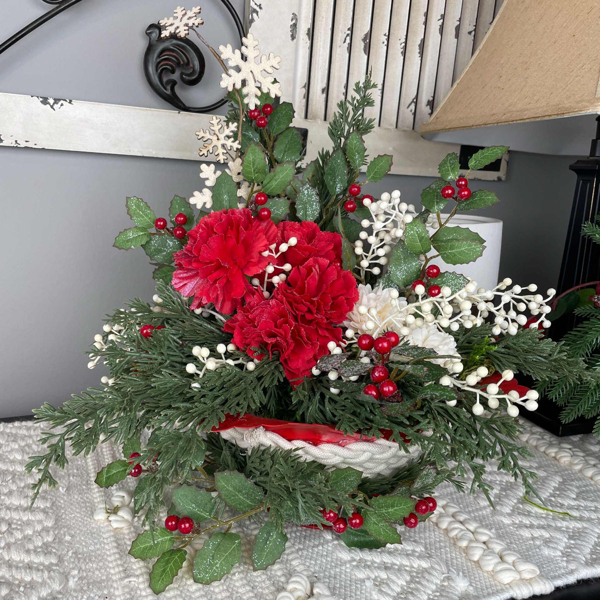 Red and Cream Christmas Centerpiece with Carnations and Macramé Bowl