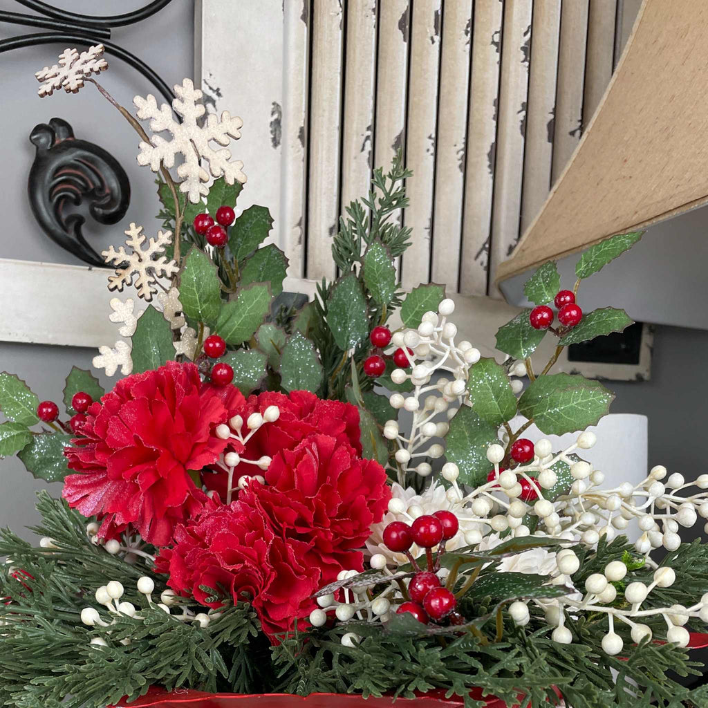 Red and Cream Christmas Centerpiece with Carnations and Macramé Bowl