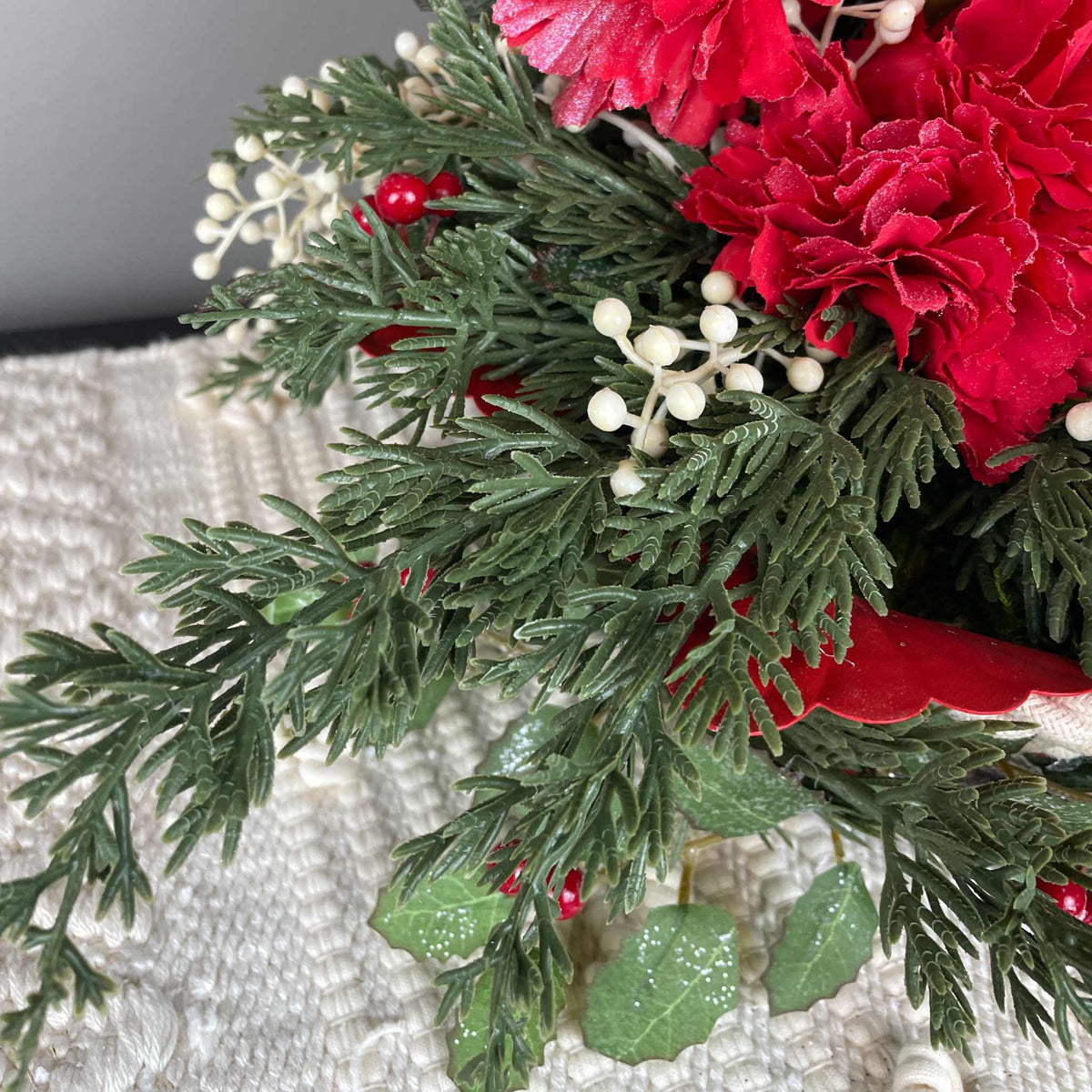 Red and Cream Christmas Centerpiece with Carnations and Macramé Bowl