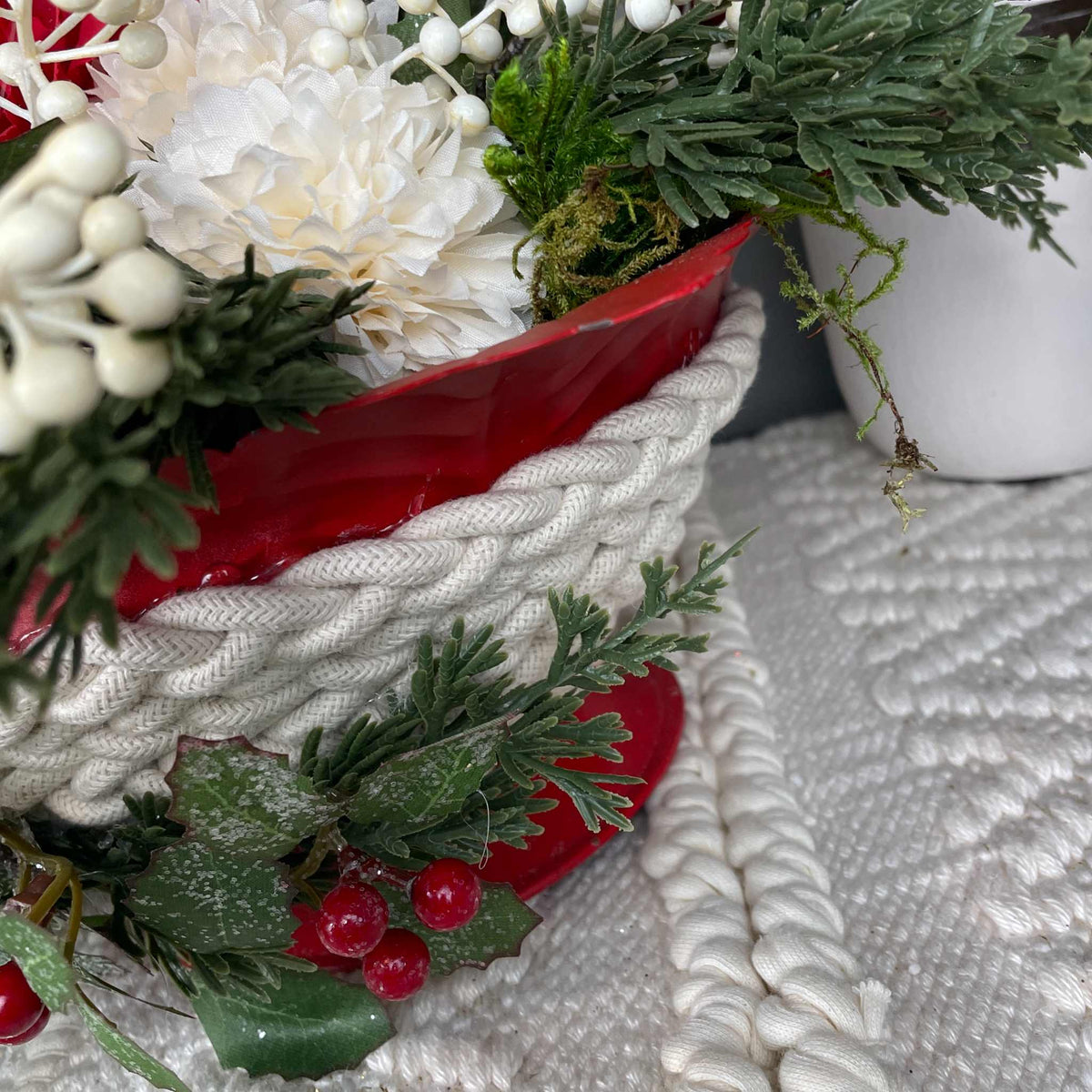 Red and Cream Christmas Centerpiece with Carnations and Macramé Bowl