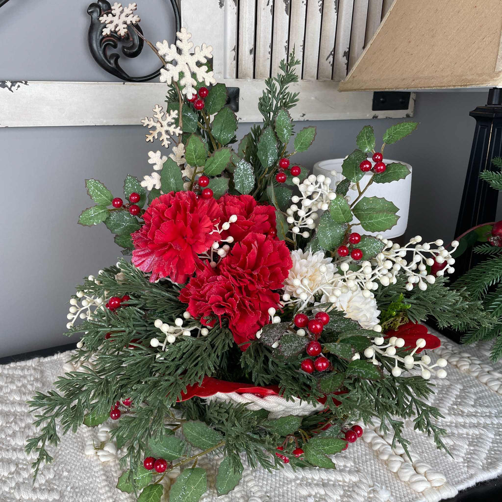 Red and Cream Christmas Centerpiece with Carnations and Macramé Bowl