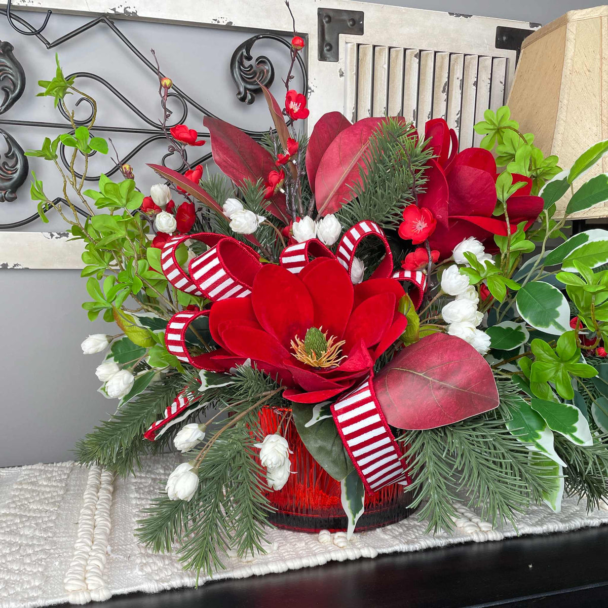 Christmas Centerpiece with Red Velvet Magnolias and Pine Greenery