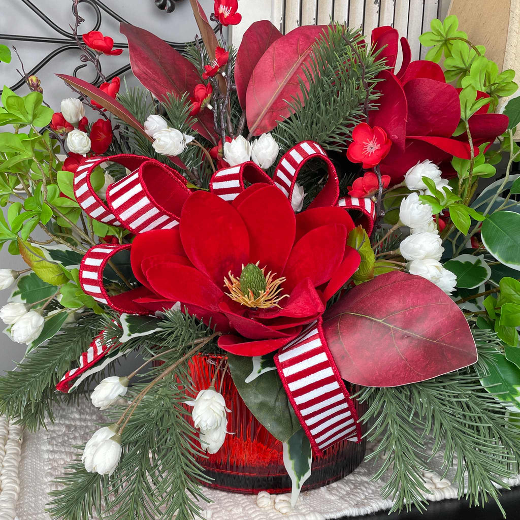 Christmas Centerpiece with Red Velvet Magnolias and Pine Greenery