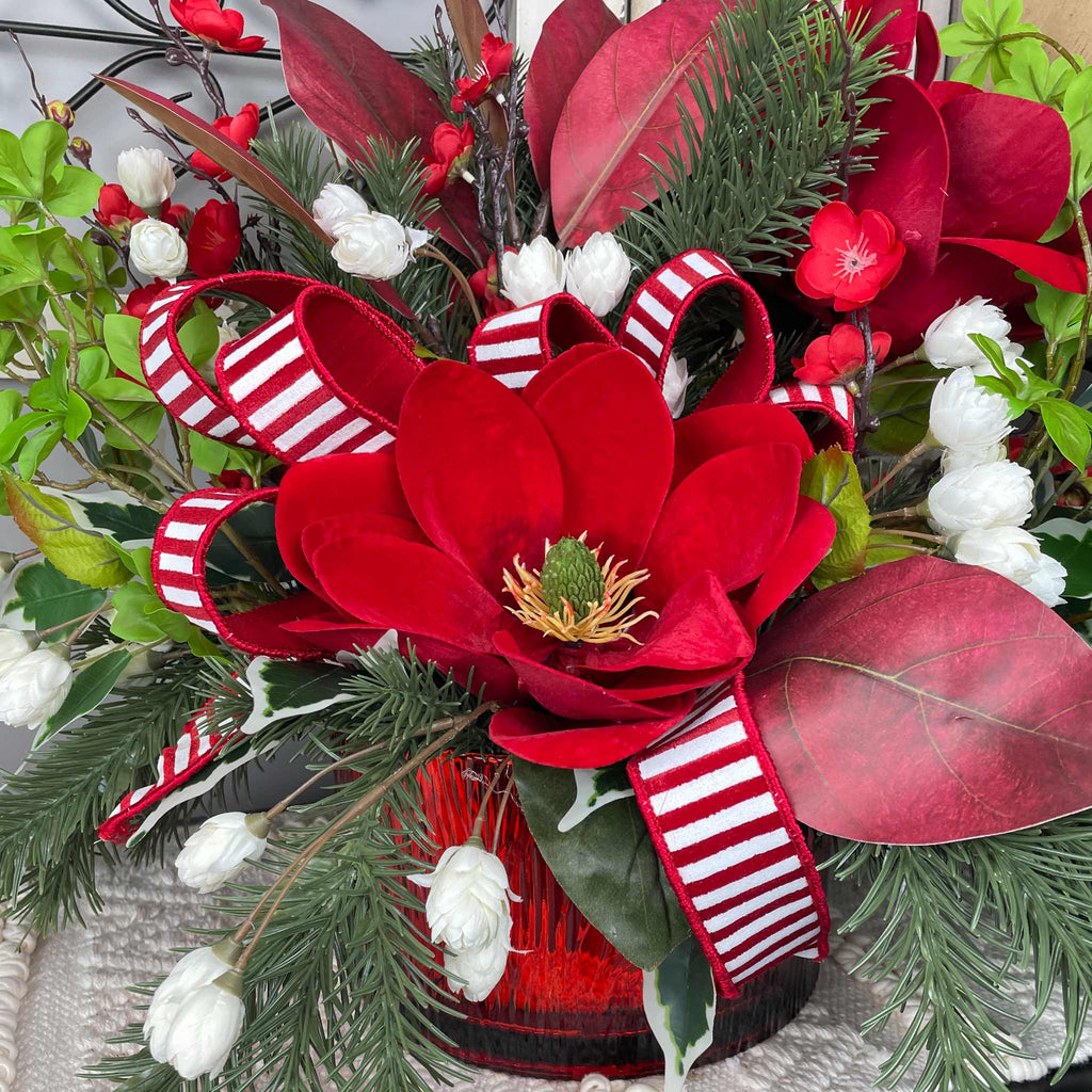 Christmas Centerpiece with Red Velvet Magnolias and Pine Greenery