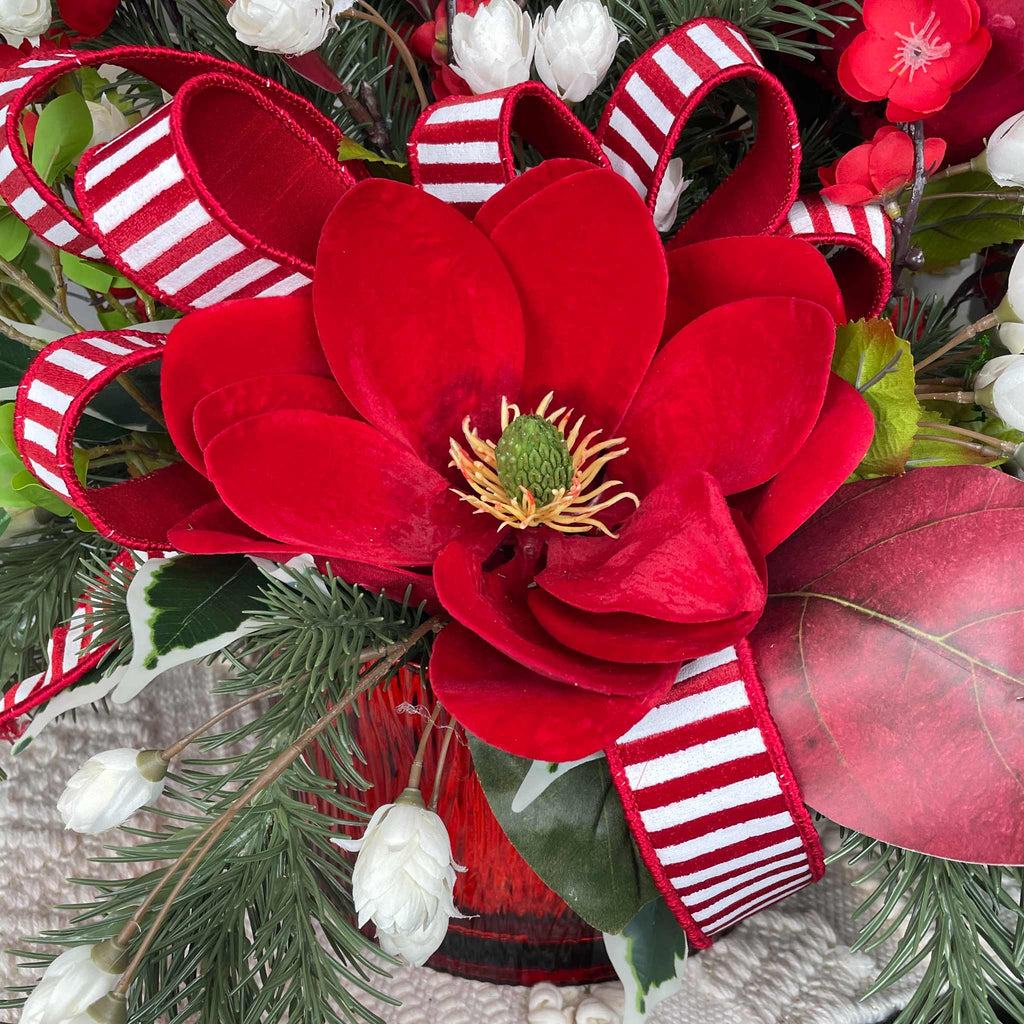 Christmas Centerpiece with Red Velvet Magnolias and Pine Greenery