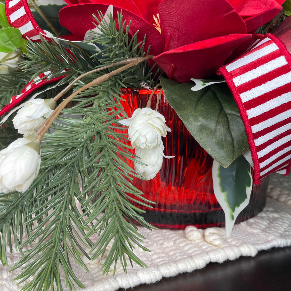 Christmas Centerpiece with Red Velvet Magnolias and Pine Greenery