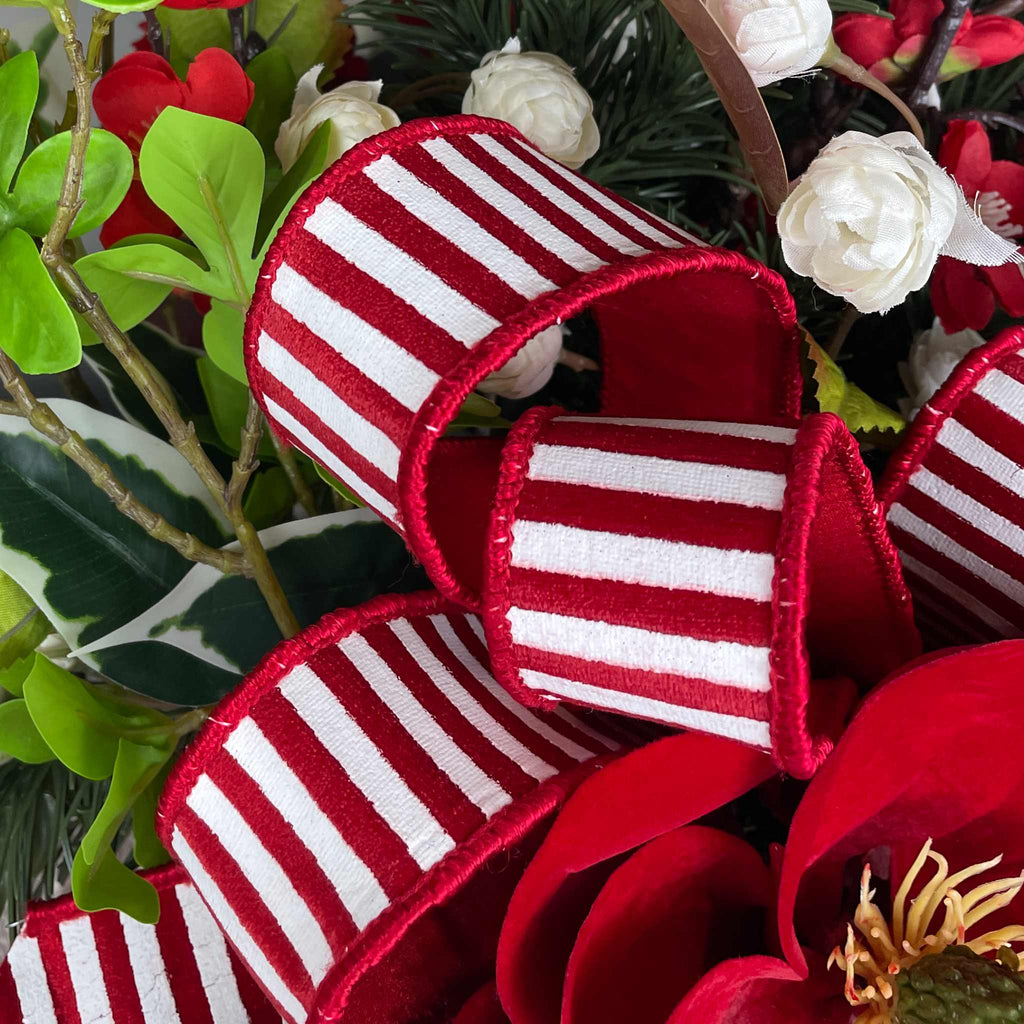 Christmas Centerpiece with Red Velvet Magnolias and Pine Greenery