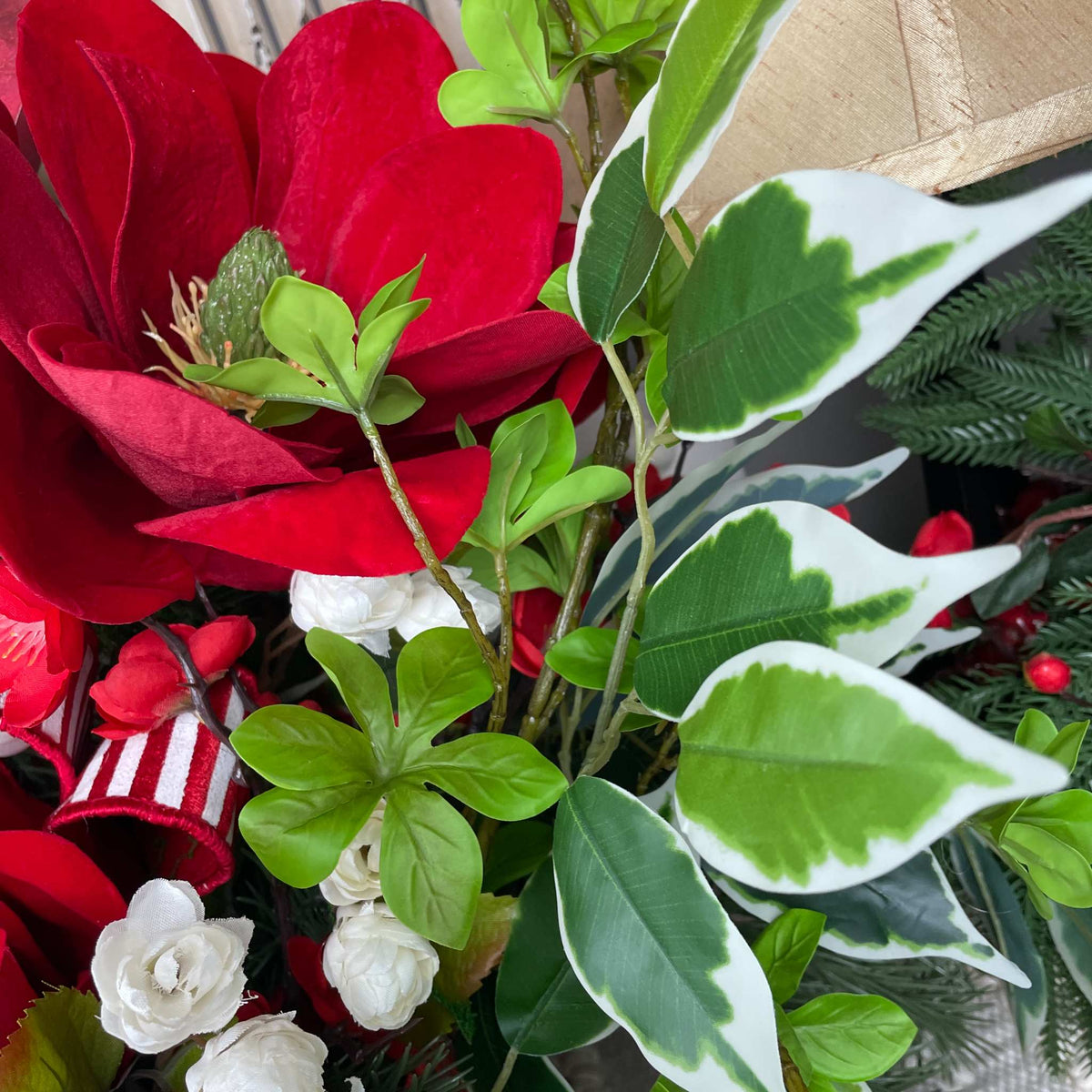 Christmas Centerpiece with Red Velvet Magnolias and Pine Greenery