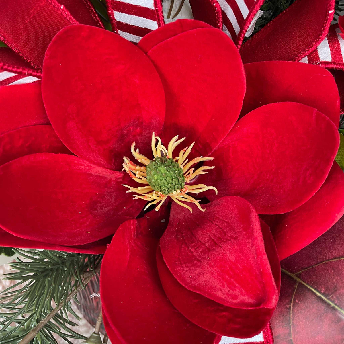Christmas Centerpiece with Red Velvet Magnolias and Pine Greenery