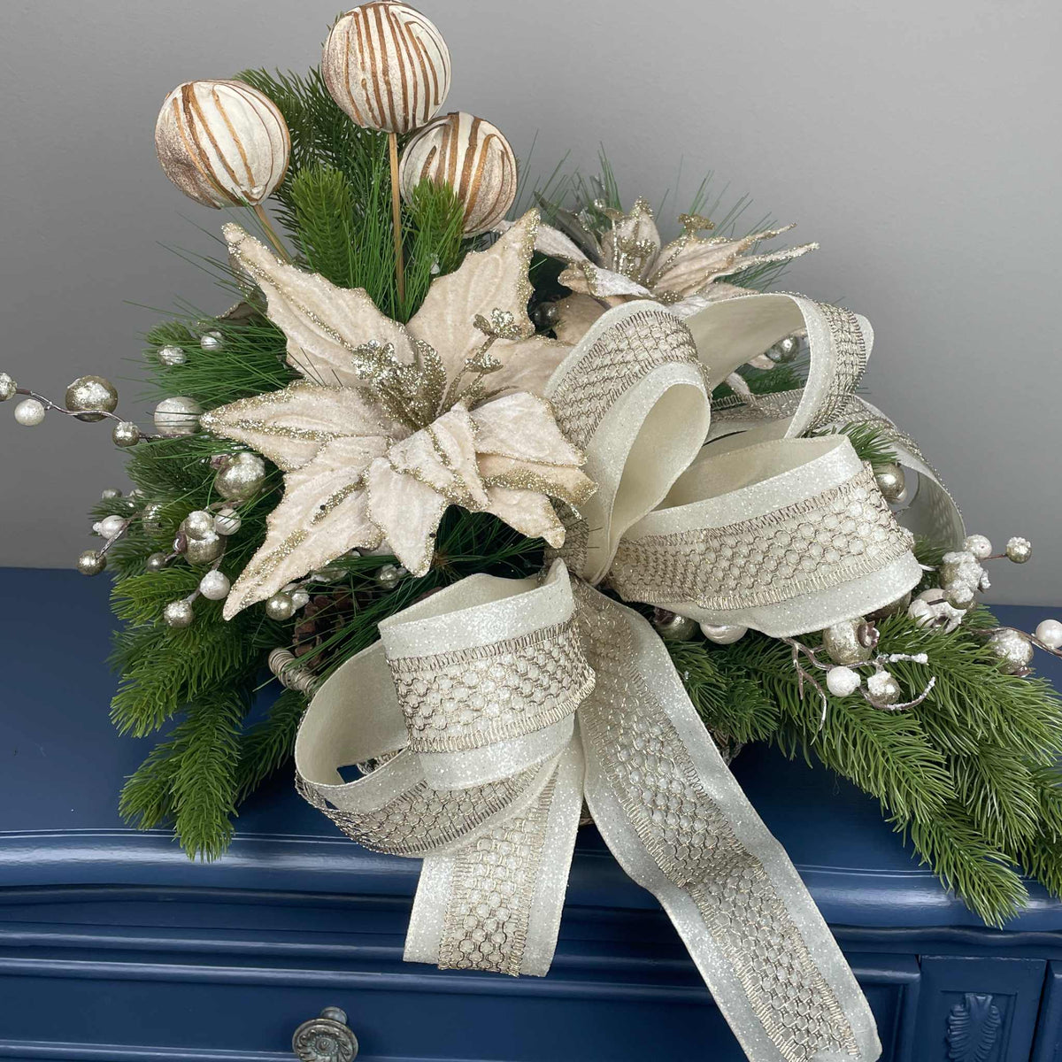 Champagne Poinsettia Christmas Centerpiece in Cream Metal Tray