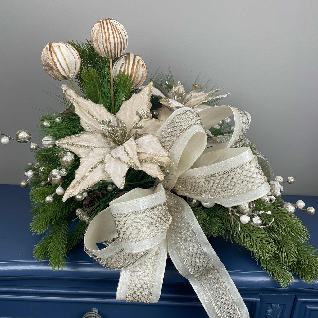 Champagne Poinsettia Christmas Centerpiece in Cream Metal Tray
