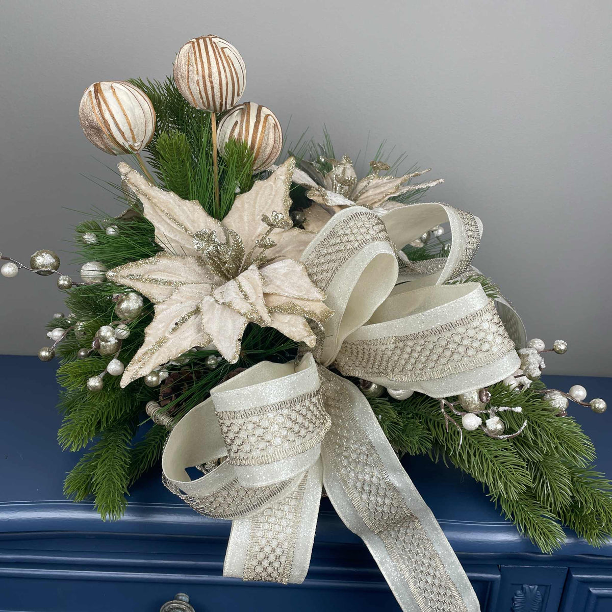 Champagne Poinsettia Christmas Centerpiece in Cream Metal Tray