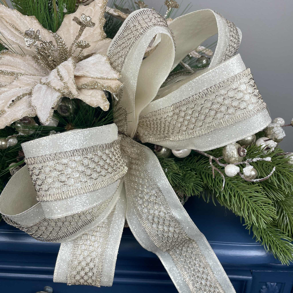 Champagne Poinsettia Christmas Centerpiece in Cream Metal Tray