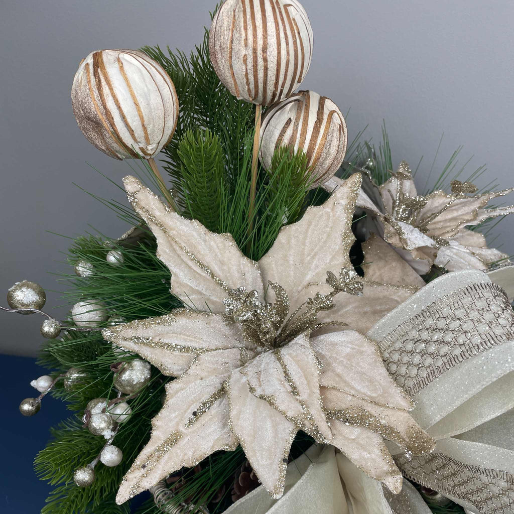 Champagne Poinsettia Christmas Centerpiece in Cream Metal Tray