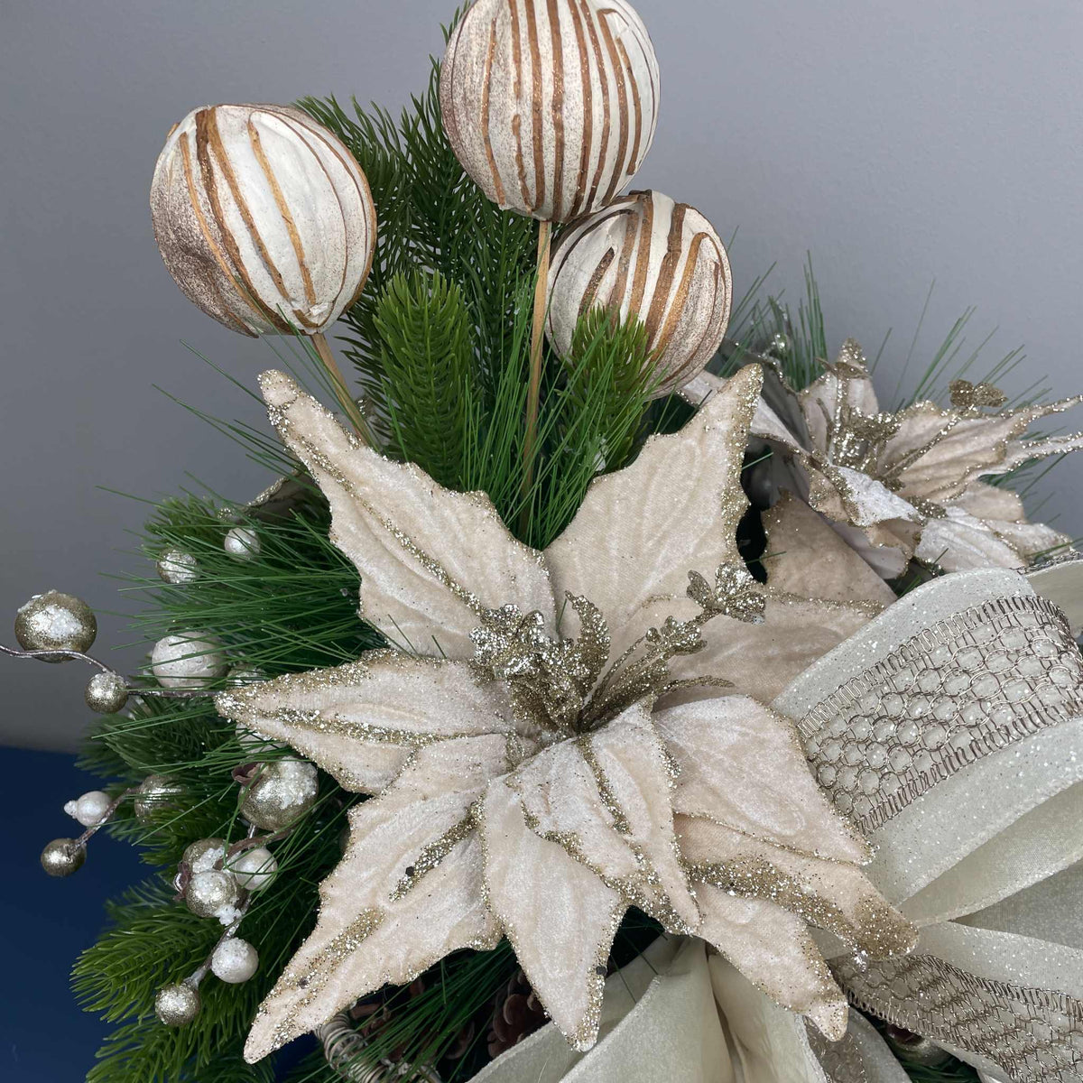Champagne Poinsettia Christmas Centerpiece in Cream Metal Tray