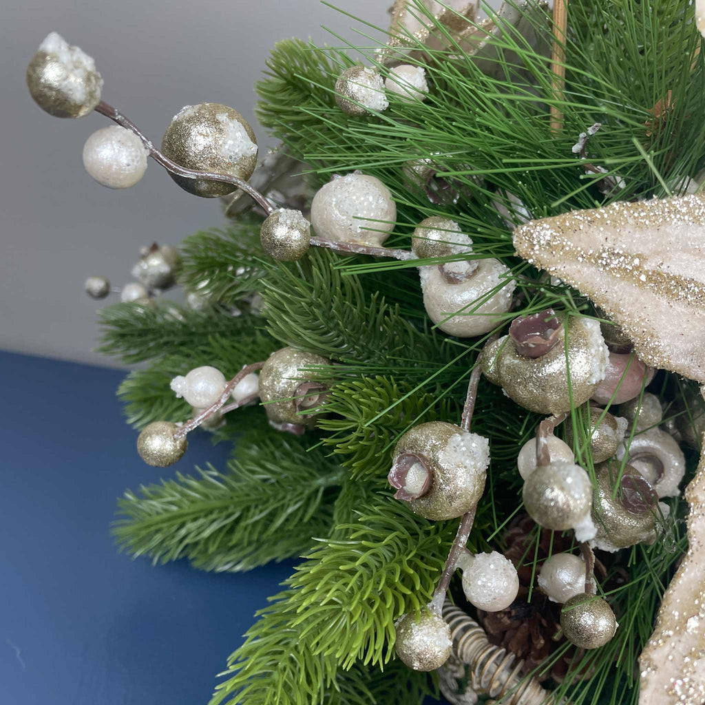 Champagne Poinsettia Christmas Centerpiece in Cream Metal Tray