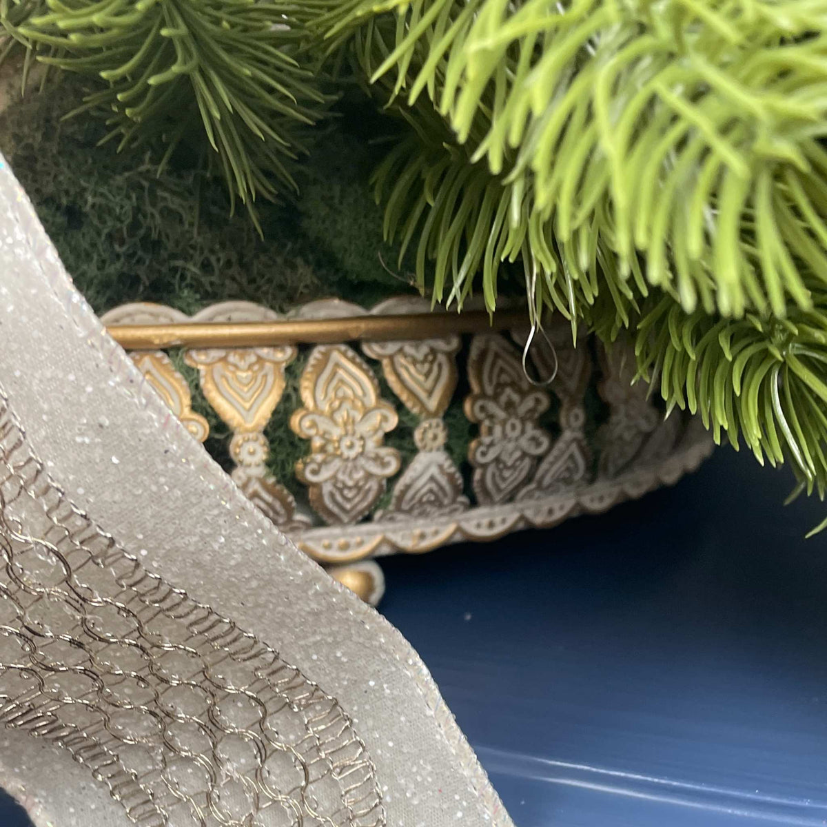 Champagne Poinsettia Christmas Centerpiece in Cream Metal Tray
