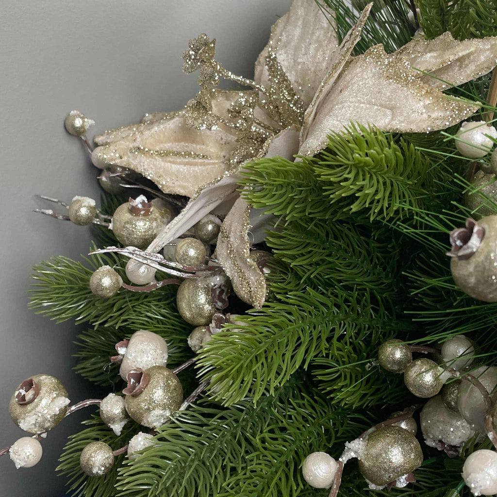 Champagne Poinsettia Christmas Centerpiece in Cream Metal Tray