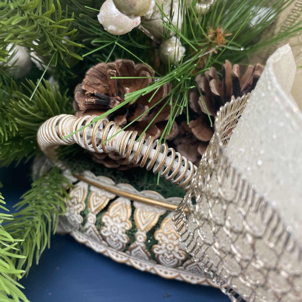 Champagne Poinsettia Christmas Centerpiece in Cream Metal Tray