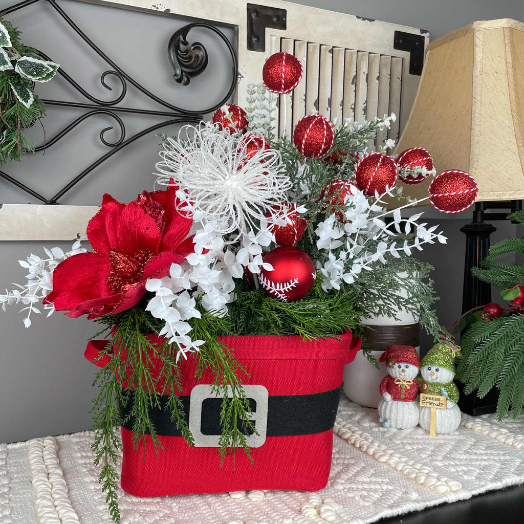Christmas Centerpiece Santa Belt Basket Red Magnolia Arrangement