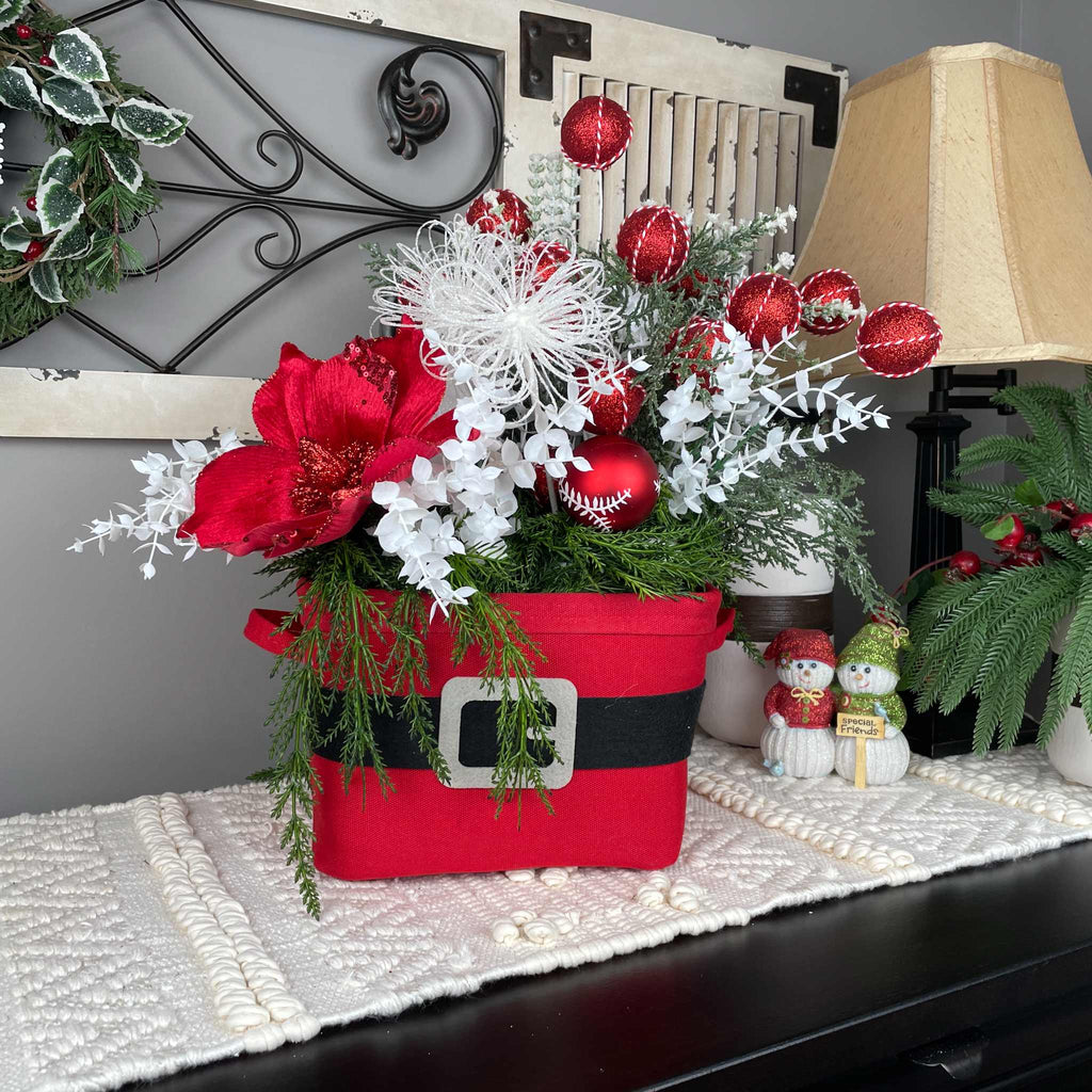 Christmas Centerpiece Santa Belt Basket Red Magnolia Arrangement