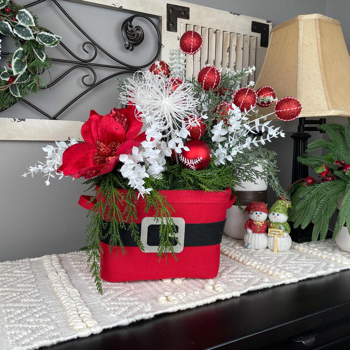 Christmas Centerpiece Santa Belt Basket Red Magnolia Arrangement