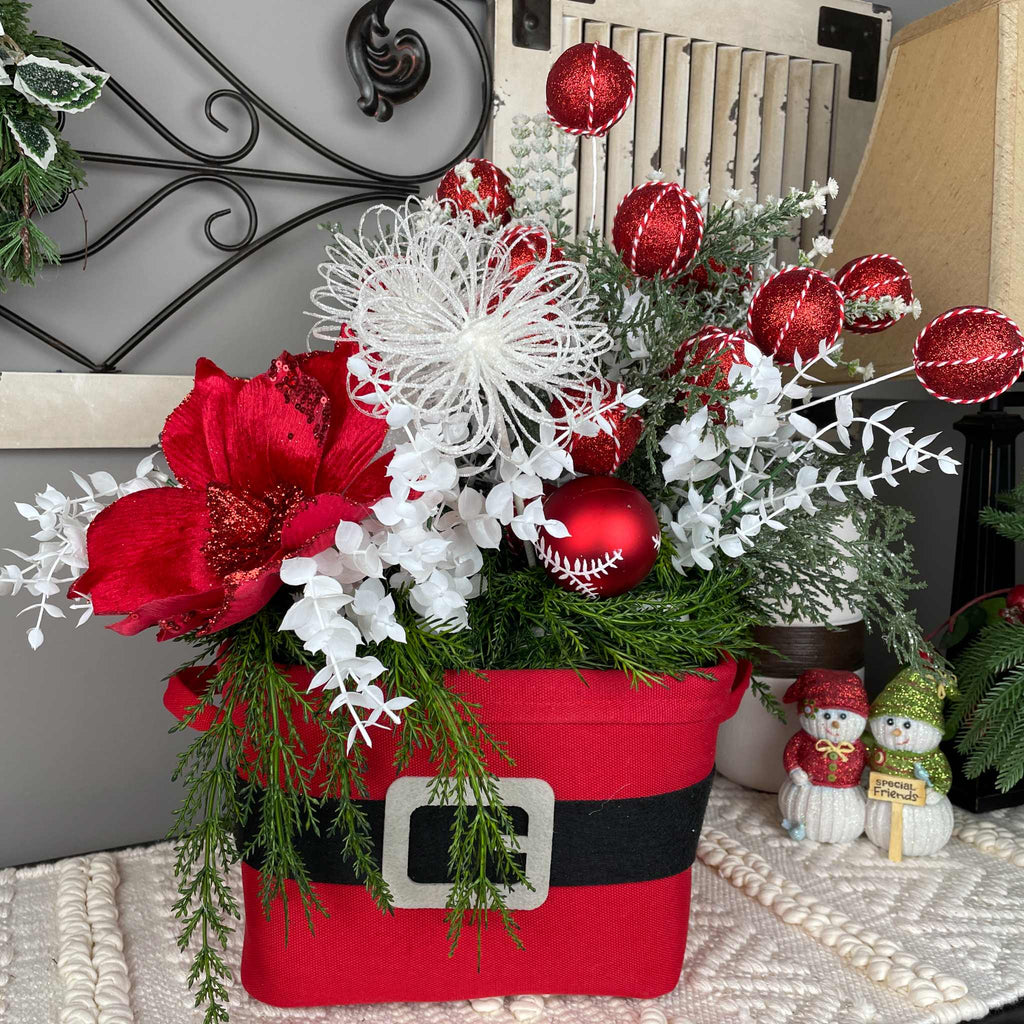 Christmas Centerpiece Santa Belt Basket Red Magnolia Arrangement