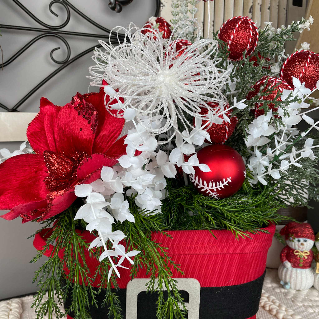 Christmas Centerpiece Santa Belt Basket Red Magnolia Arrangement