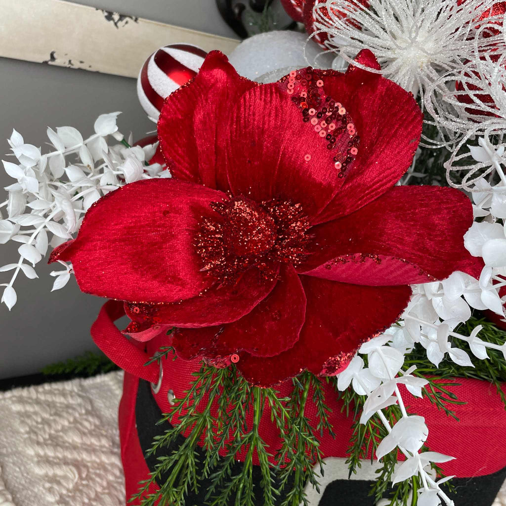 Christmas Centerpiece Santa Belt Basket Red Magnolia Arrangement