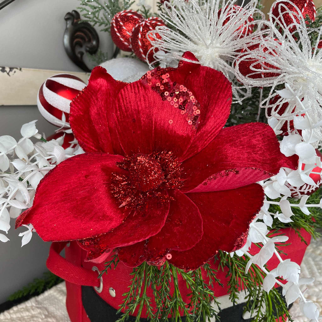 Christmas Centerpiece Santa Belt Basket Red Magnolia Arrangement