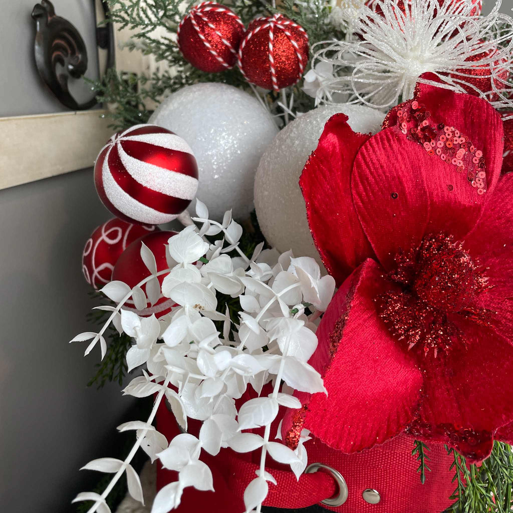Christmas Centerpiece Santa Belt Basket Red Magnolia Arrangement