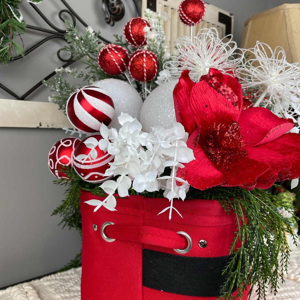 Christmas Centerpiece Santa Belt Basket Red Magnolia Arrangement