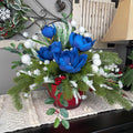 Christmas Centerpiece Blue Magnolias Red Glass Bowl Winter Decor
