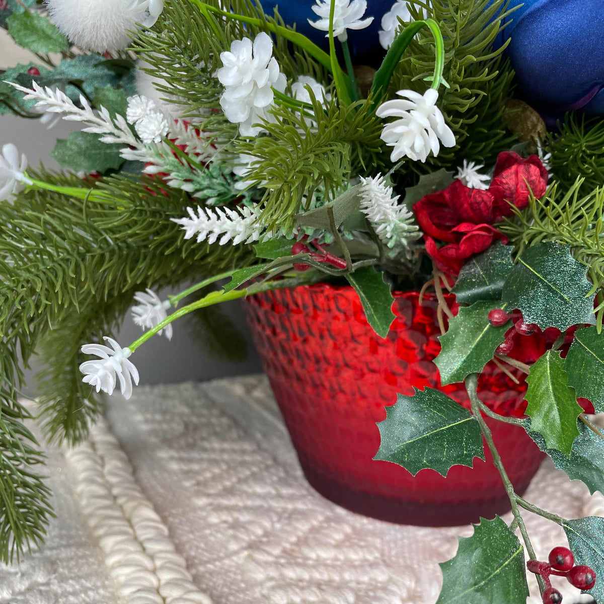 Christmas Centerpiece Blue Magnolias Red Glass Bowl Winter Decor