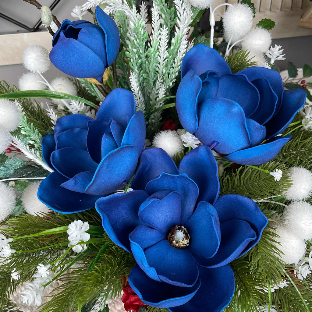 Christmas Centerpiece Blue Magnolias Red Glass Bowl Winter Decor