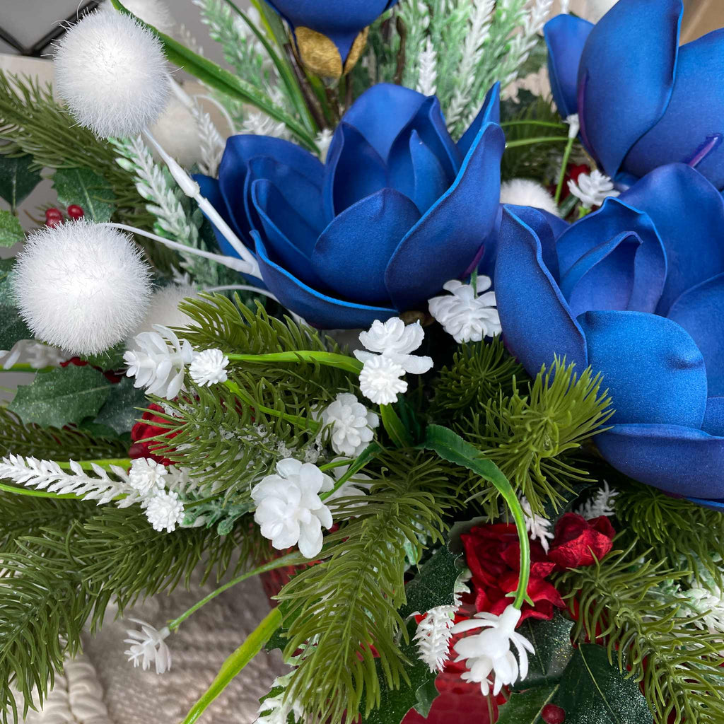 Christmas Centerpiece Blue Magnolias Red Glass Bowl Winter Decor