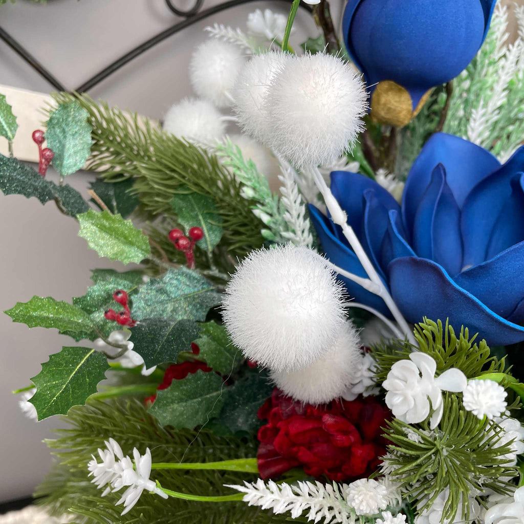 Christmas Centerpiece Blue Magnolias Red Glass Bowl Winter Decor