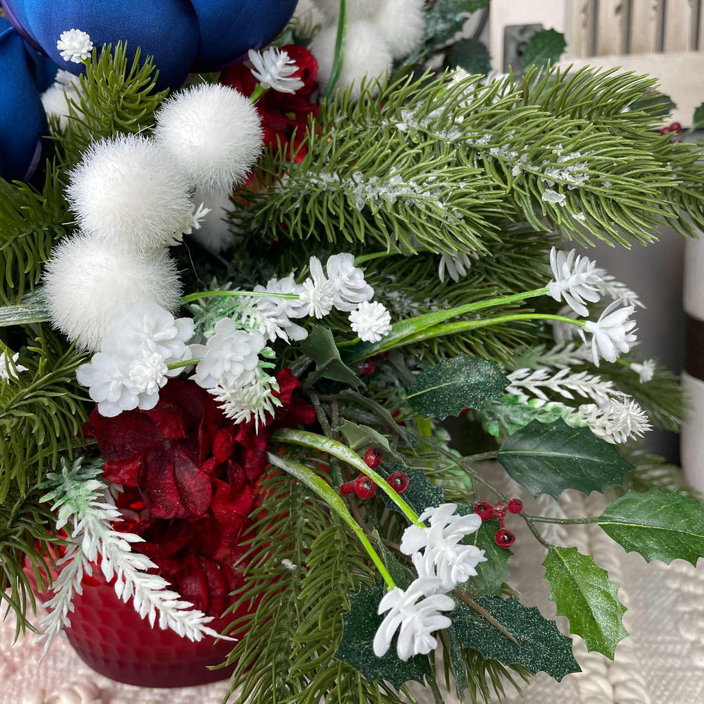 Christmas Centerpiece Blue Magnolias Red Glass Bowl Winter Decor