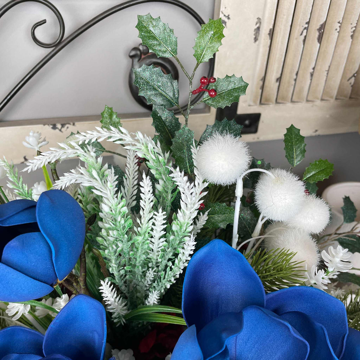 Christmas Centerpiece Blue Magnolias Red Glass Bowl Winter Decor