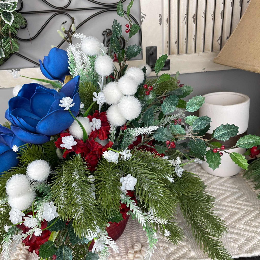 Christmas Centerpiece Blue Magnolias Red Glass Bowl Winter Decor