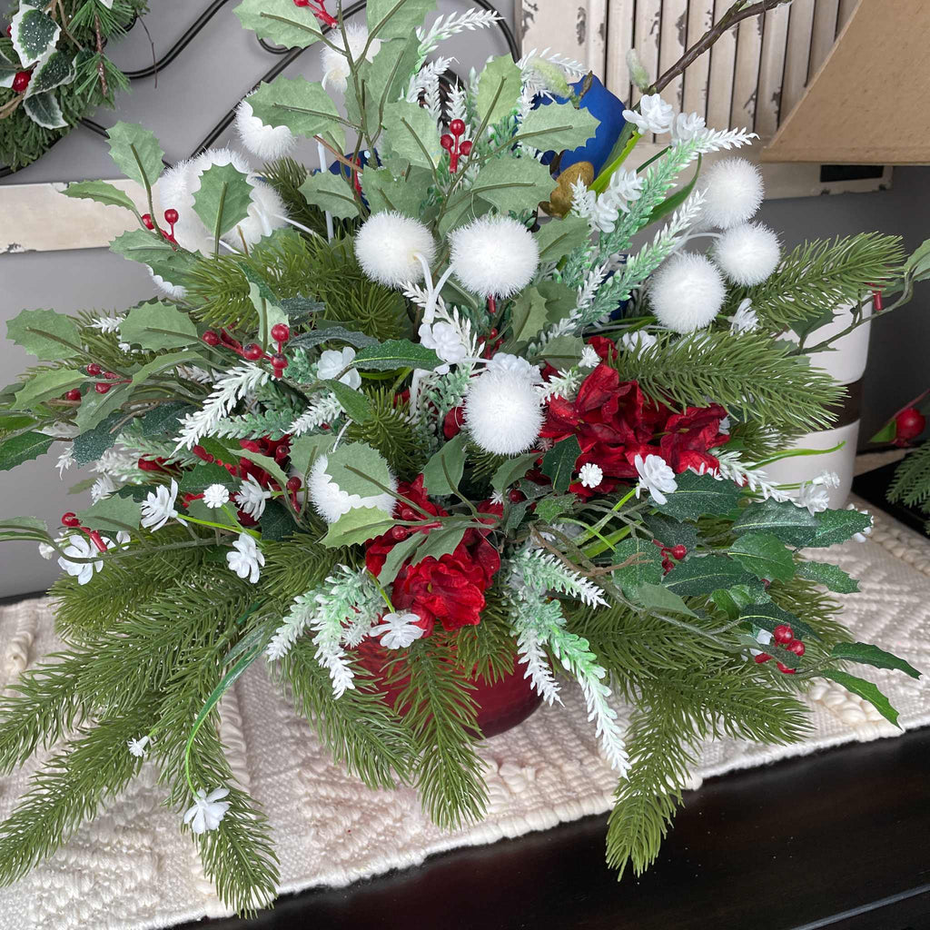 Christmas Centerpiece Blue Magnolias Red Glass Bowl Winter Decor
