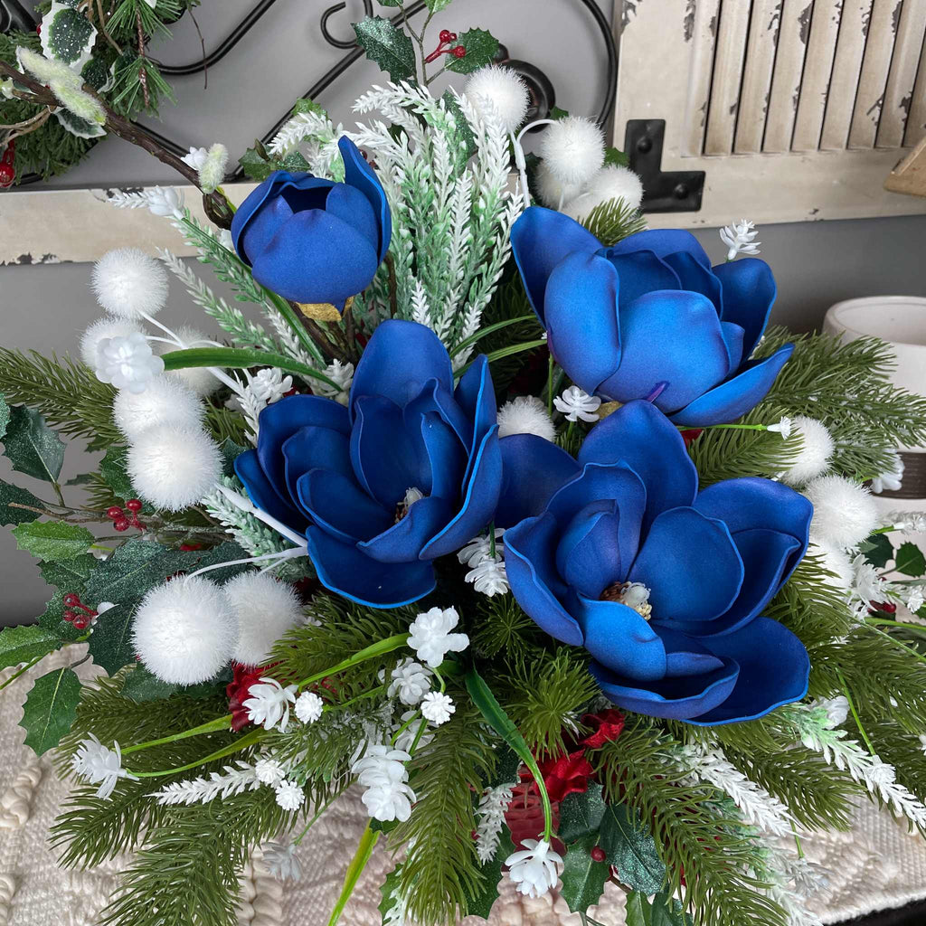 Christmas Centerpiece Blue Magnolias Red Glass Bowl Winter Decor