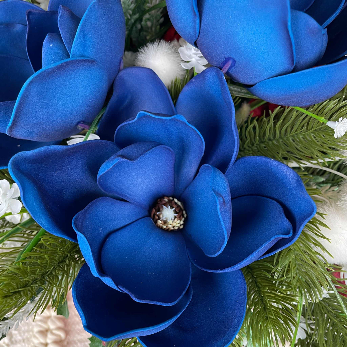 Christmas Centerpiece Blue Magnolias Red Glass Bowl Winter Decor