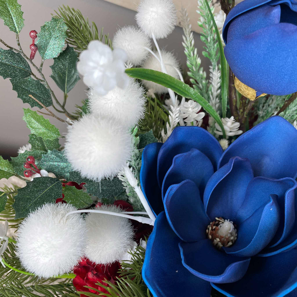 Christmas Centerpiece Blue Magnolias Red Glass Bowl Winter Decor